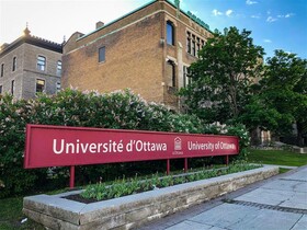 University of Ottawa logo - red background with 5 white greek columns and little roof