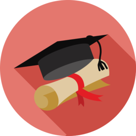 Red circle with the Graduation cap and scroll