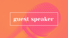 Orange background with a microphone - text: guest speaker